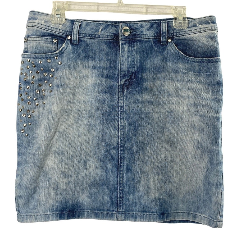 Cache Jean Skirt Womens Size 8 Light Wash Denim Studded Rhinestone Western Bling